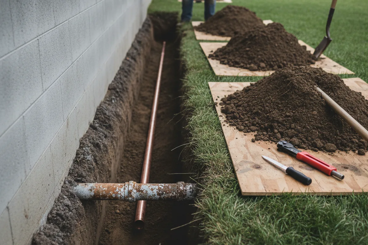 Excavated water line trench during Water Softener Installation in Kipton
